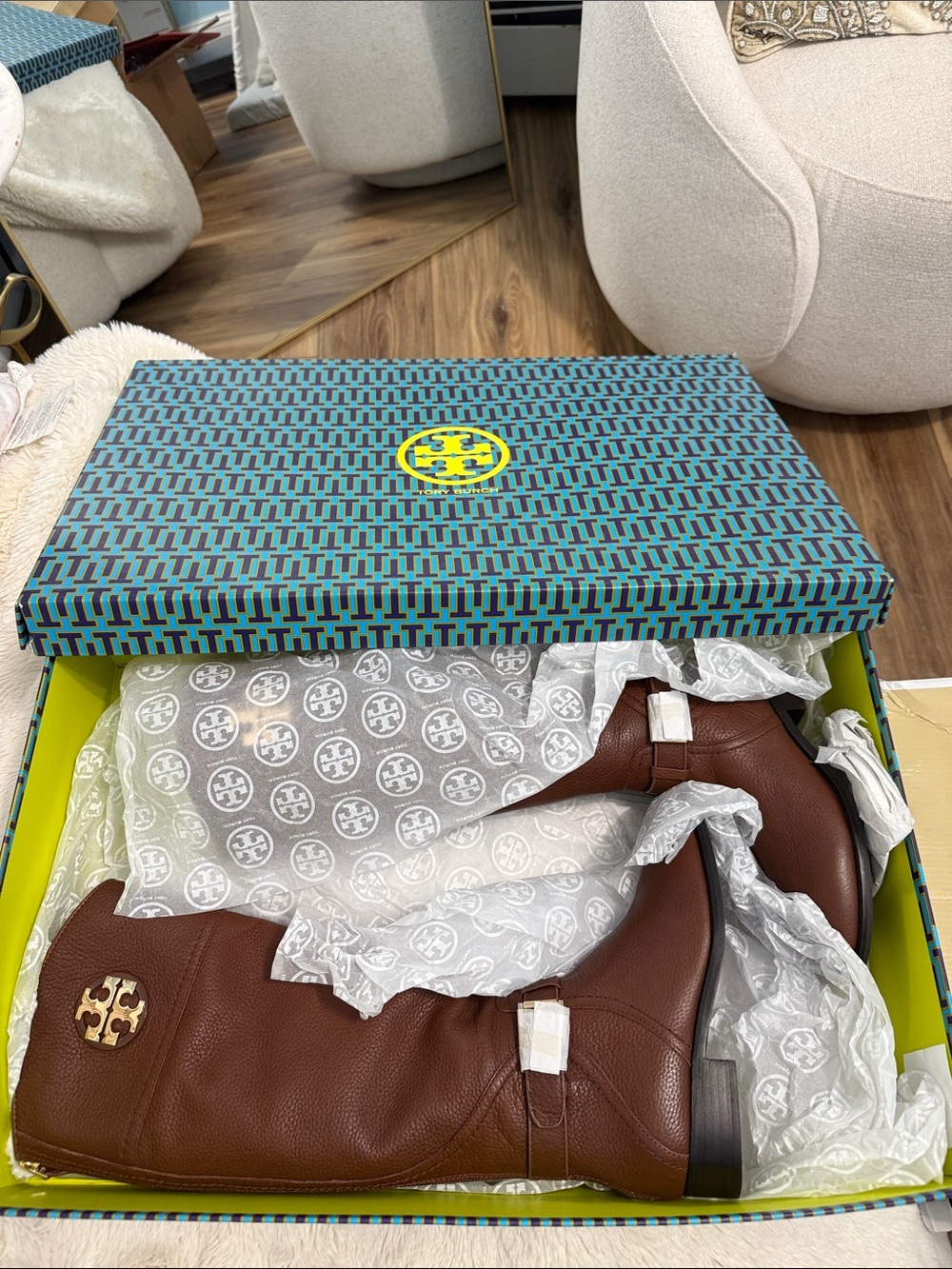 Tory Burch Chestnut Brown Pebbled Leather Logo Riding Boots